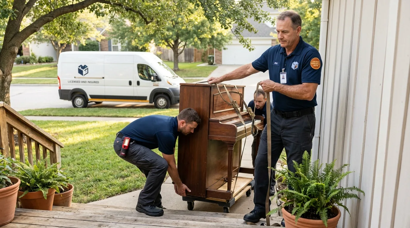 Licensed piano movers securing grand piano in Pittsfield, MA