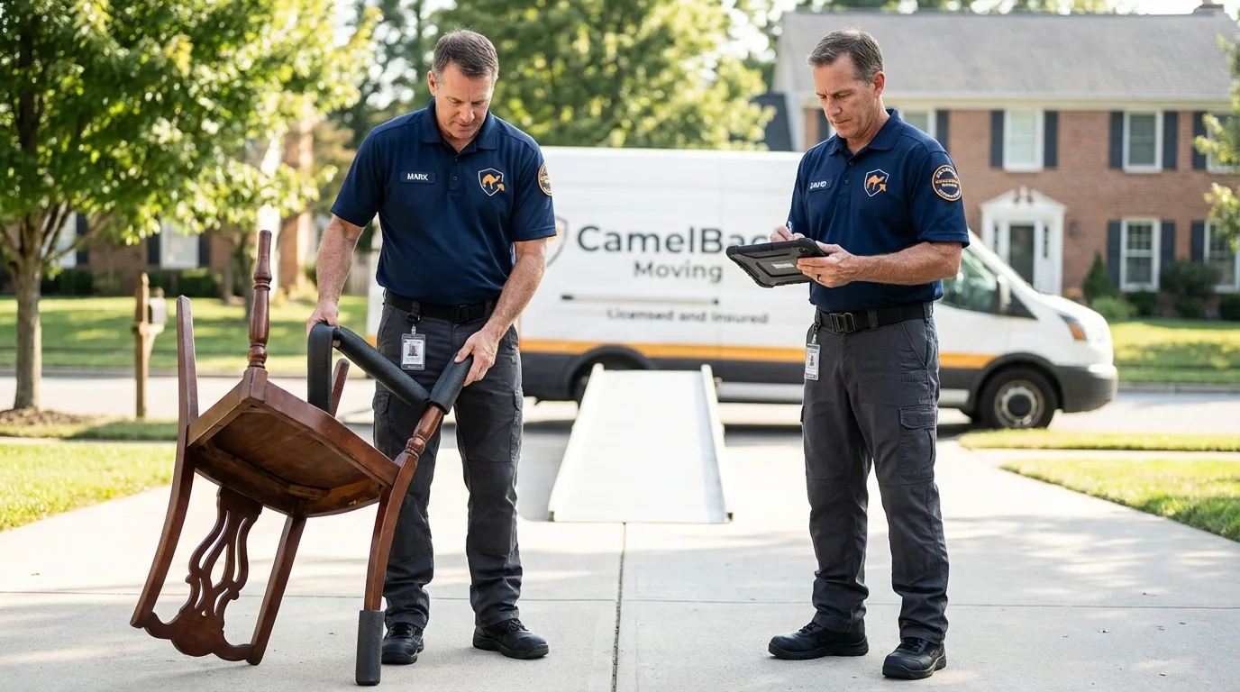 Movers inspecting furniture for damage prevention before loading in Pittsfield, MA