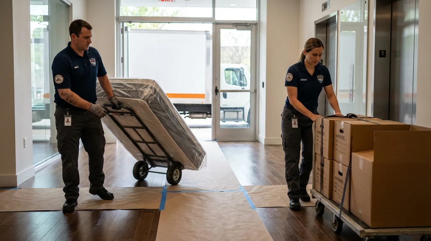 Professional apartment movers loading elevator in Pittsfield, MA